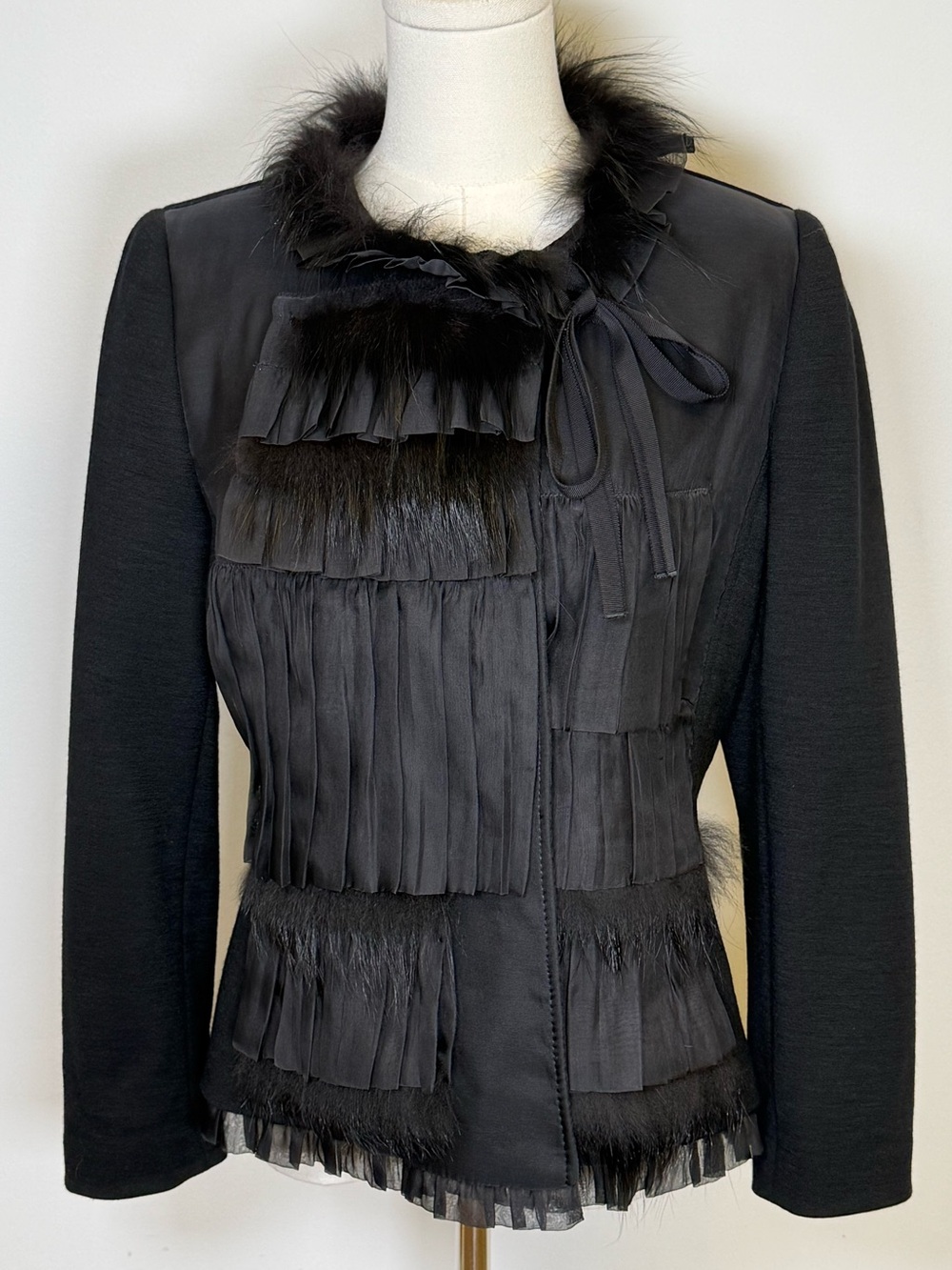 Rare! Vintage Elie TAHARI Silk & Wool Jacket Fox Fur Trim Women’s Size Medium